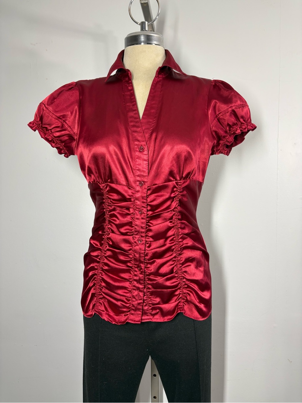 Suzy Shier Ruby Red Satin Ruched Button-Front Blouse